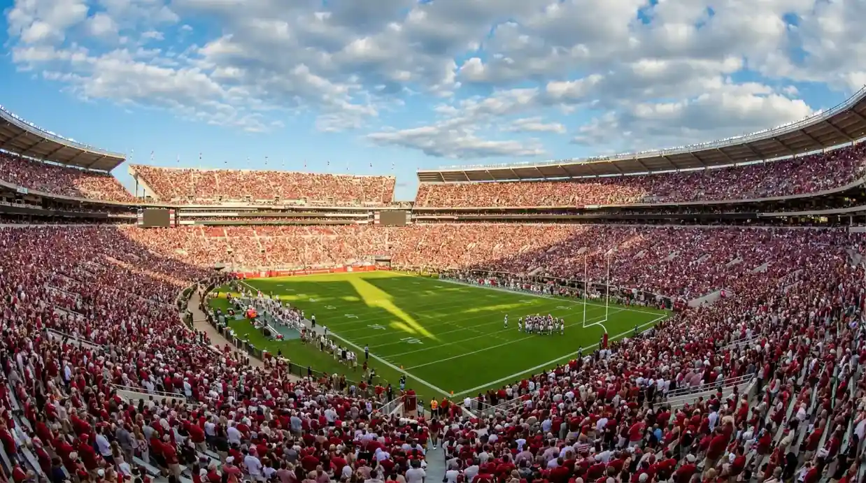 College football stadion fylld med fans under en lördagsmatch